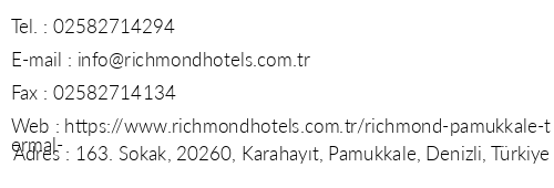 Richmond Pamukkale Thermal Resort telefon numaralar, faks, e-mail, posta adresi ve iletiim bilgileri